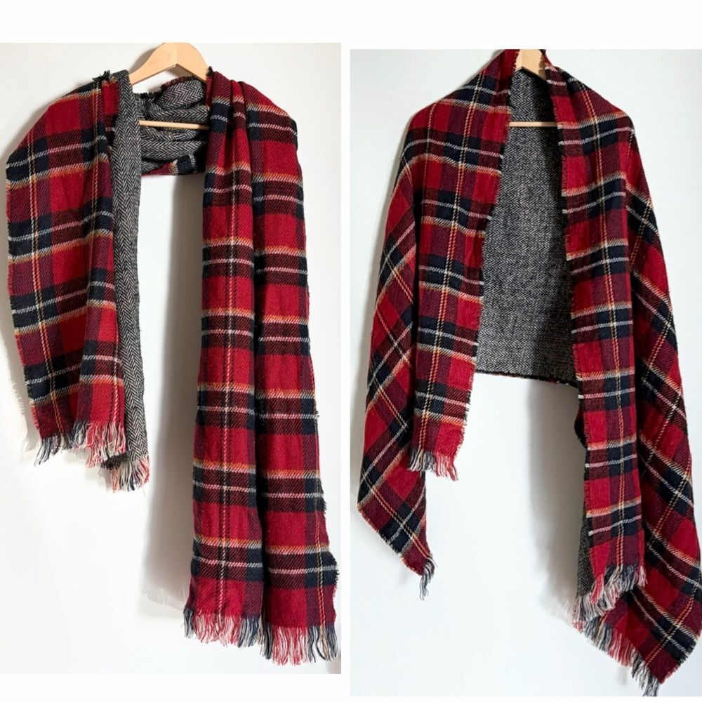Red Plaid Reversible Thick Winter Stripe Fringe Scarf